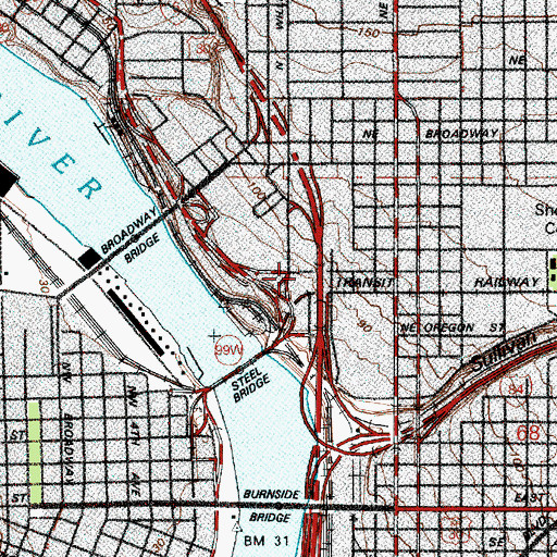 Topographic Map of Rose Quarter Center and Max Station, OR
