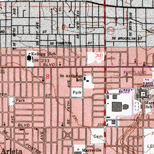 Topographic Map of Saint Anthonys Catholic Church of Portland, OR