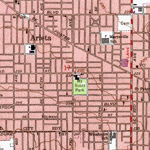 Topographic Map of Mount Scott Park Presbyterian Church, OR