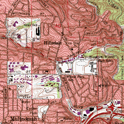 Topographic Map of Hillsdale Center Shopping Center, OR
