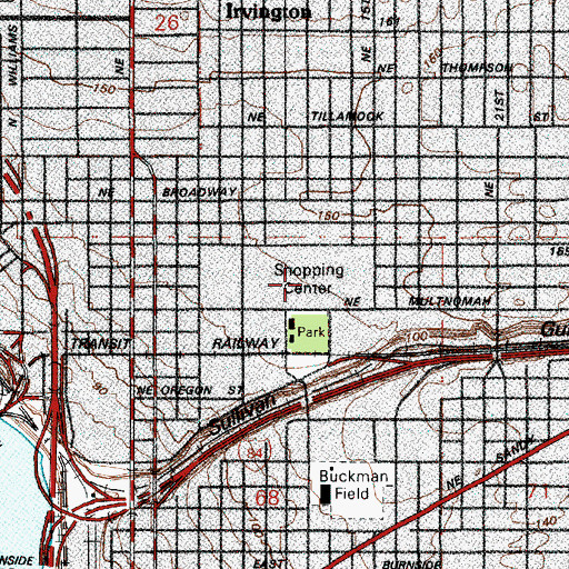 Topographic Map of Lloyd Center Shopping Center, OR