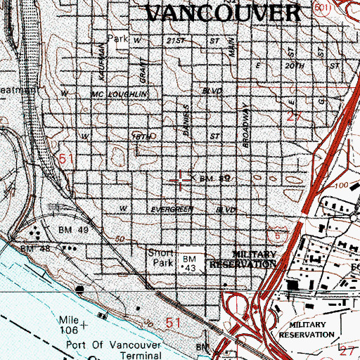 Topographic Map of Downtown Vancouver Post Office, WA