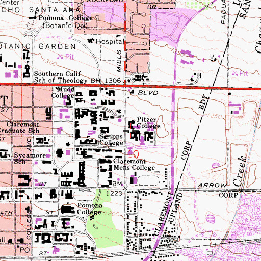 Topographic Map of Pitzer College, CA