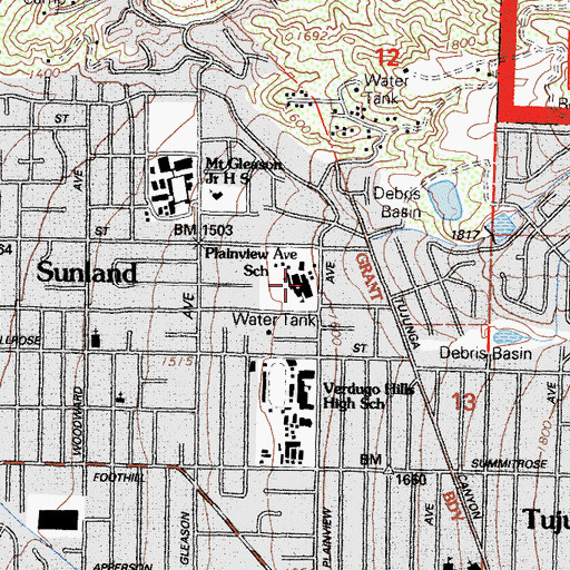 Topographic Map of Plainview Elementary School, CA