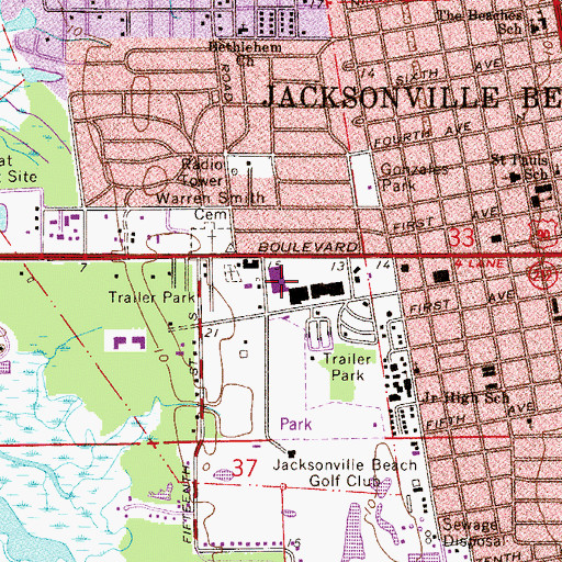 Topographic Map of Jacksonville Beach Post Office, FL