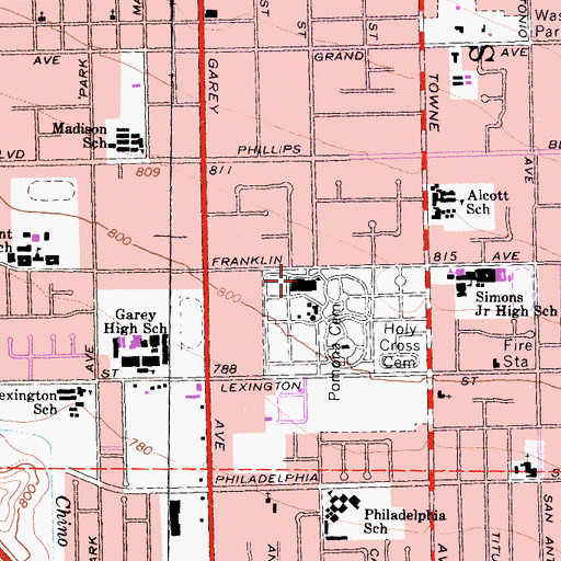 Topographic Map of Pomona Cemetery and Mausoleum, CA