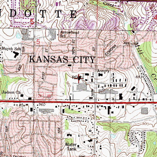 Topographic Map of Wyandotte West Post Office, KS