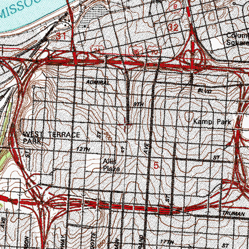 Topographic Map of Kansas City Public Library Central Library, MO