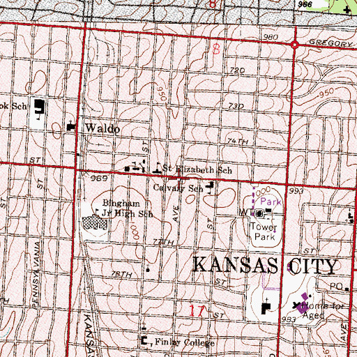 Topographic Map of Waldo Community Branch Kansas City Public Library, MO