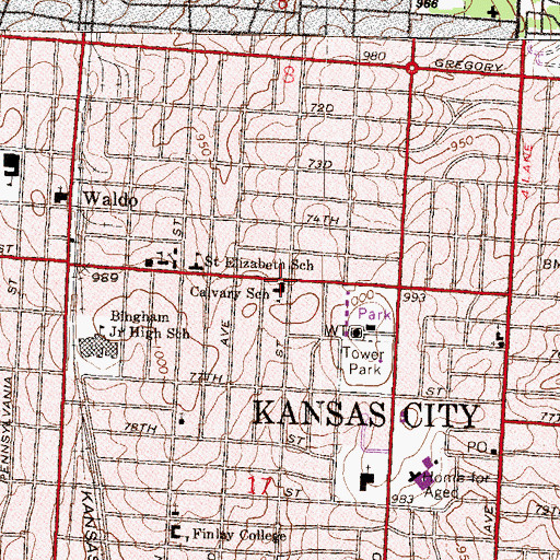 Topographic Map of Calvary Lutheran Church, MO