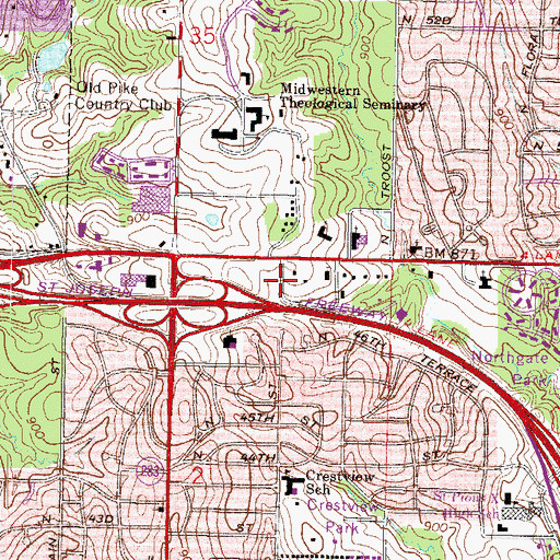 Topographic Map of Church in Kansas City, MO