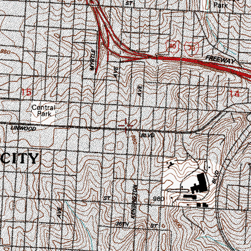 Topographic Map of Linwood Boulevard Seventh Day Adventist Temple, MO