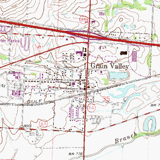 Topographic Map of Grain Valley Post Office, MO