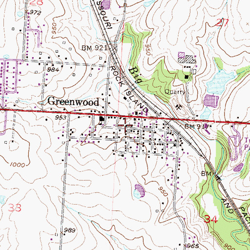 Topographic Map of Greenwood Post Office, MO