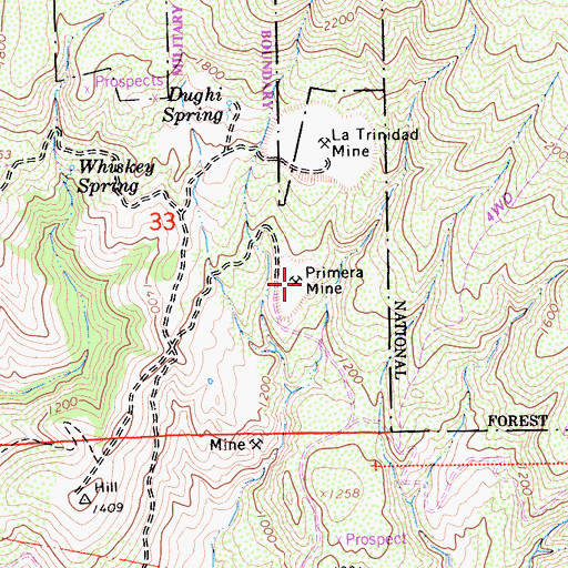 Topographic Map of Primera Mine, CA