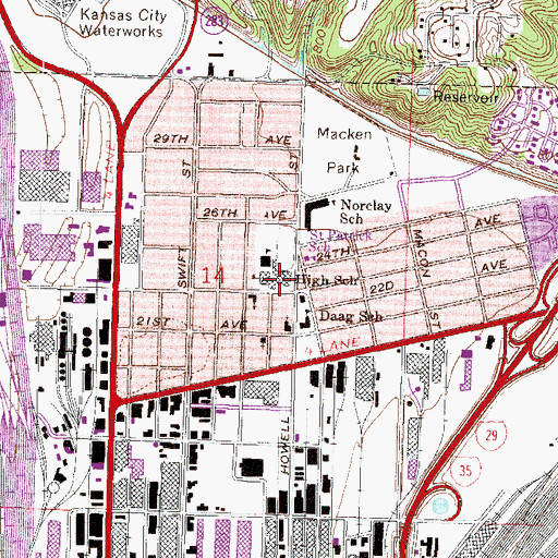Topographic Map of North Kansas City High School, MO