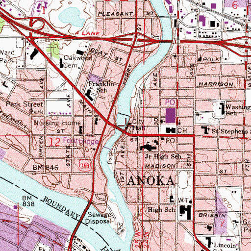 Topographic Map of Anoka City Hall, MN
