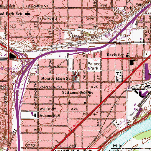 Topographic Map of Monroe Community School, MN