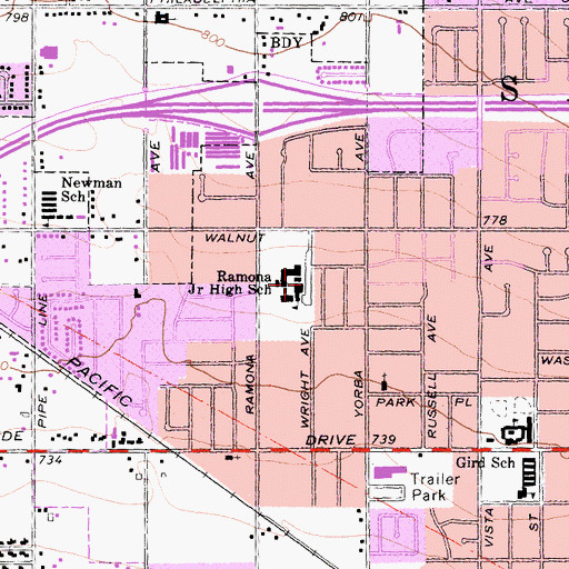 Topographic Map of Ramona Junior High School, CA