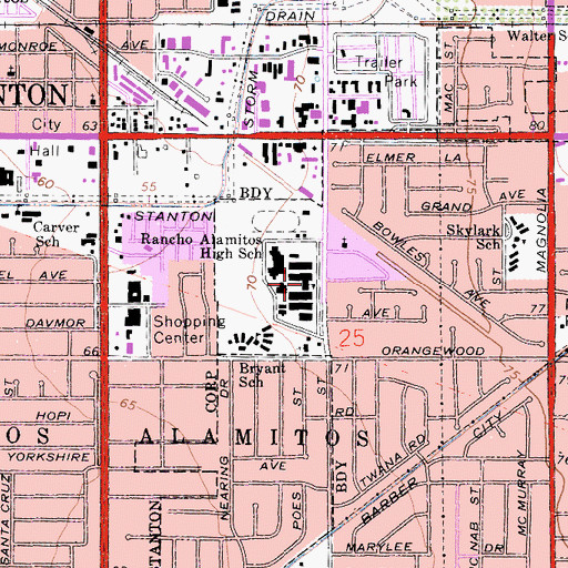 Topographic Map of Rancho Alamitos High School, CA