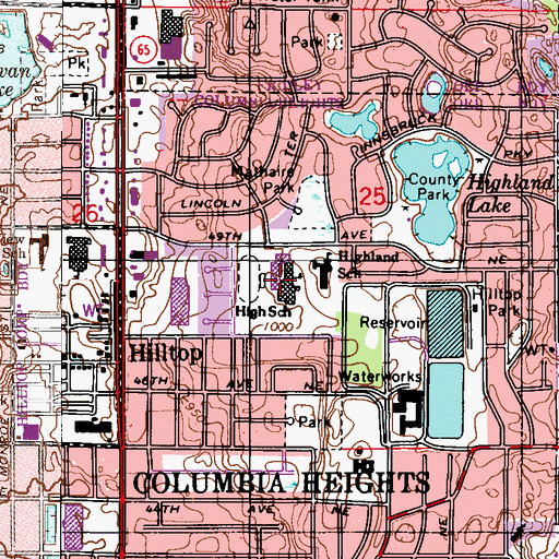 Topographic Map of Columbia Heights Senior High School, MN
