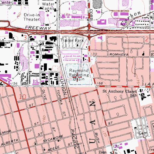 Topographic Map of Raymond Retarding Basin, CA