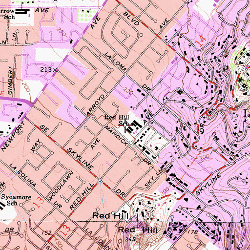 Topographic Map of Red Hill Elementary School, CA