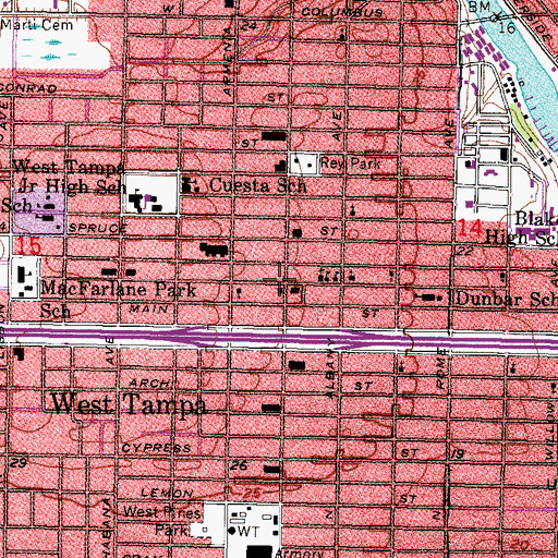 Topographic Map of West Tampa Branch Library, FL