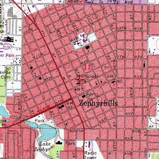 Topographic Map of Zephyrhills Public Library, FL