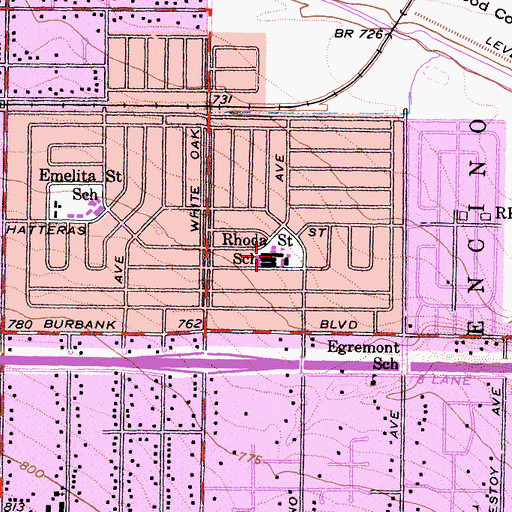 Topographic Map of Rhoda Street School, CA