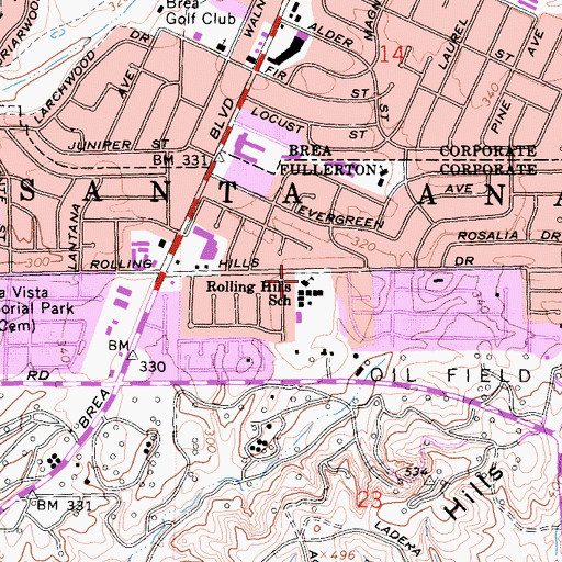 Topographic Map of Rolling Hills Elementary School, CA