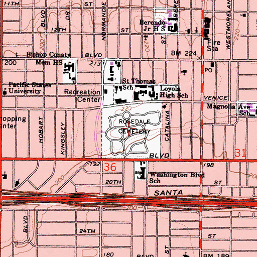 Topographic Map of Rosedale Cemetery, CA