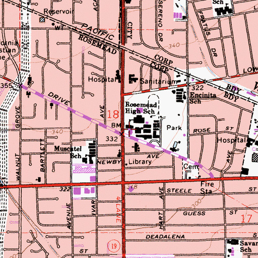 Topographic Map of Rosemead High School, CA