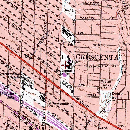 Topographic Map of Rosemont Middle School, CA