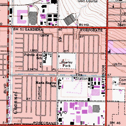 Topographic Map of Rowley Memorial Park, CA