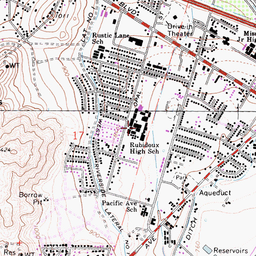Topographic Map of Rubidoux High School, CA