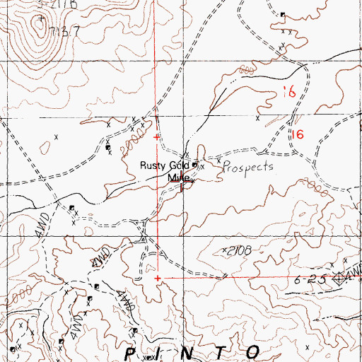 Topographic Map of Rusty Gold Mine, CA