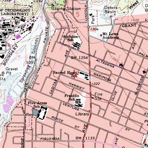 Topographic Map of Sacred Heart School, CA