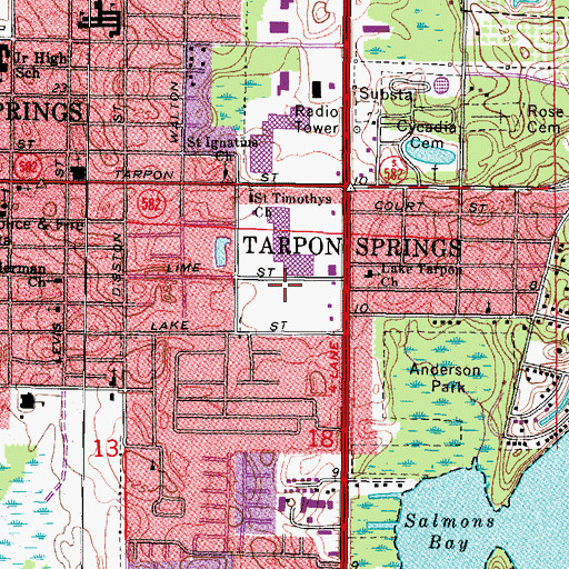 Topographic Map of Tarpon Springs Post Office, FL