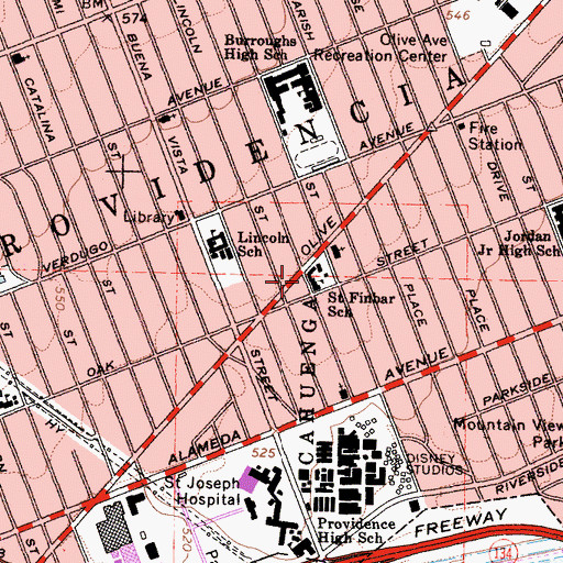 Topographic Map of Saint Finbar's Parish School, CA