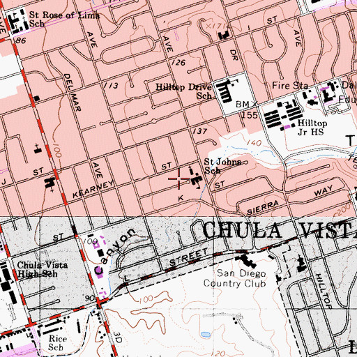 Topographic Map of Saint Johns School, CA