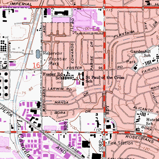 Topographic Map of Saint Paul of the Cross School, CA