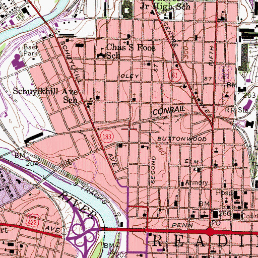 Topographic Map of Front and Schiller Playground, PA