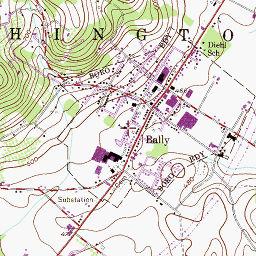 Topographic Map of Bally Borough Hall, PA