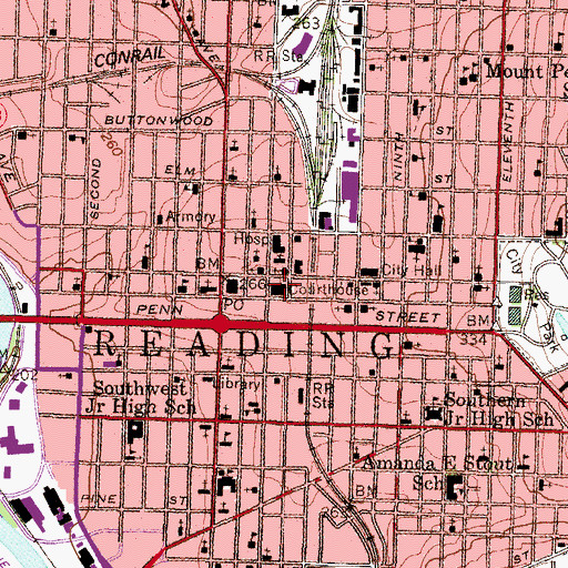 Topographic Map of Berks County Courthouse, PA
