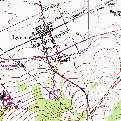 Topographic Map of Lyons Borough Hall, PA