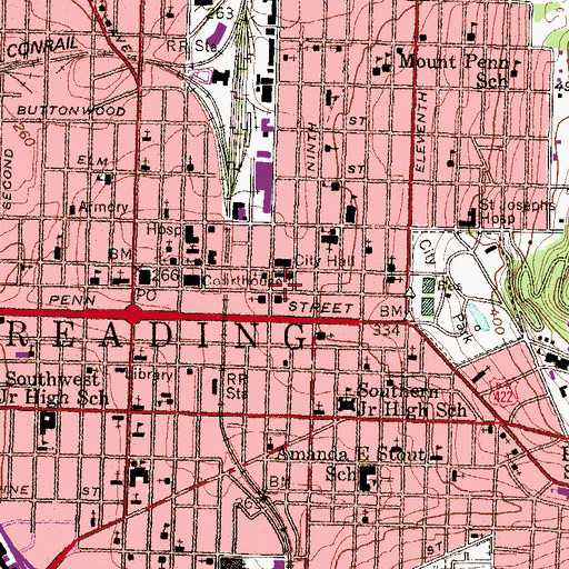 Topographic Map of Reading Fire and Rescue Center City Station, PA