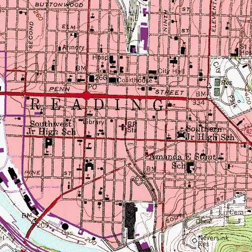 Topographic Map of Reading Franklin Street Station, PA