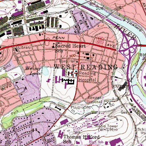 Topographic Map of Reading Hospital K Building, PA