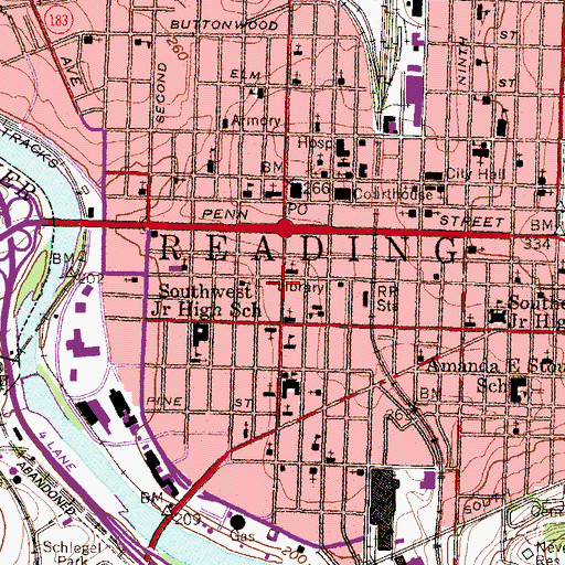 Topographic Map of Reading Public Library, PA